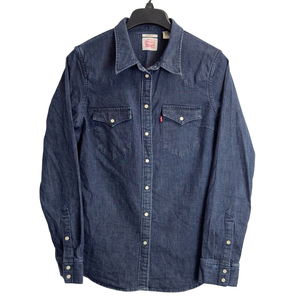 Levis Womens Large Tailored Fit Western Denim Shirt Dark Wash Pearl Snap Front